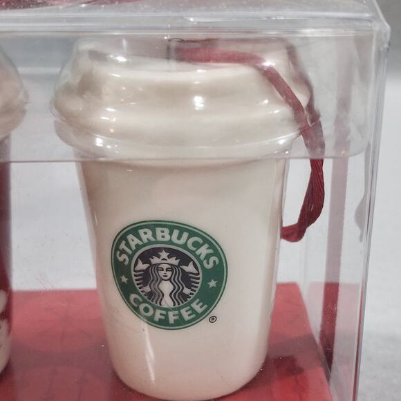 Starbucks 2006 To Go Coffee Cups Ceramic Ornaments x2 Holiday Decor #236294 NIP - Picture 3 of 8